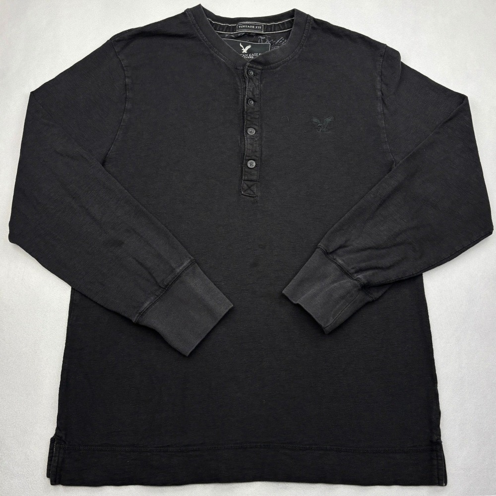 American Eagle Shirt Mens Large Black Vintage Fit Waffle Knit Long Sleeve Henley